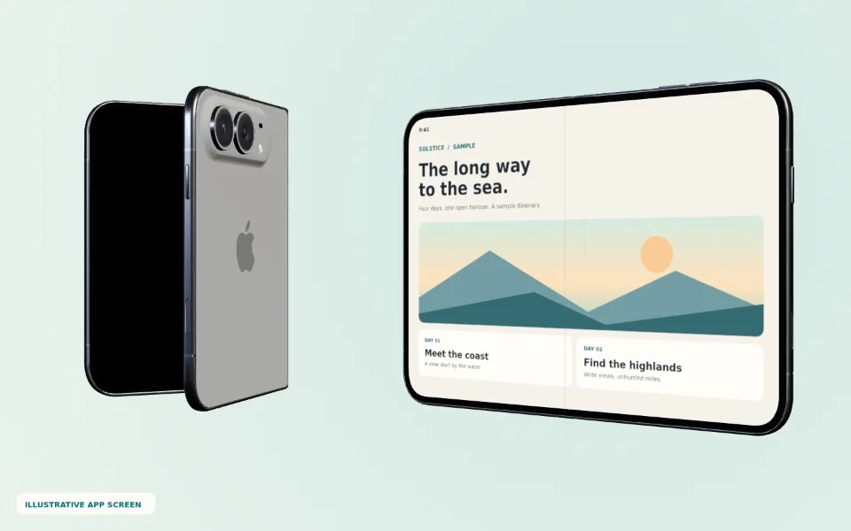Authored iPhone Duo folded rear-facing and open inner-display poses with illustrative travel app content.
